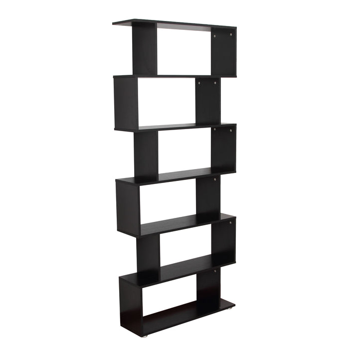 S Shape 6-Tier Wooden Bookshelf - Open Concept Bookcase Storage and Display Unit, Black - Ideal for Home Office and Living Room Organization