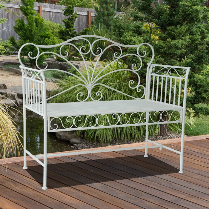 Elegant 2-Person Metal Garden Bench - Sturdy Park Seating with Ornate Backrest - Ideal Outdoor Furniture for Patio and Lawn Relaxation