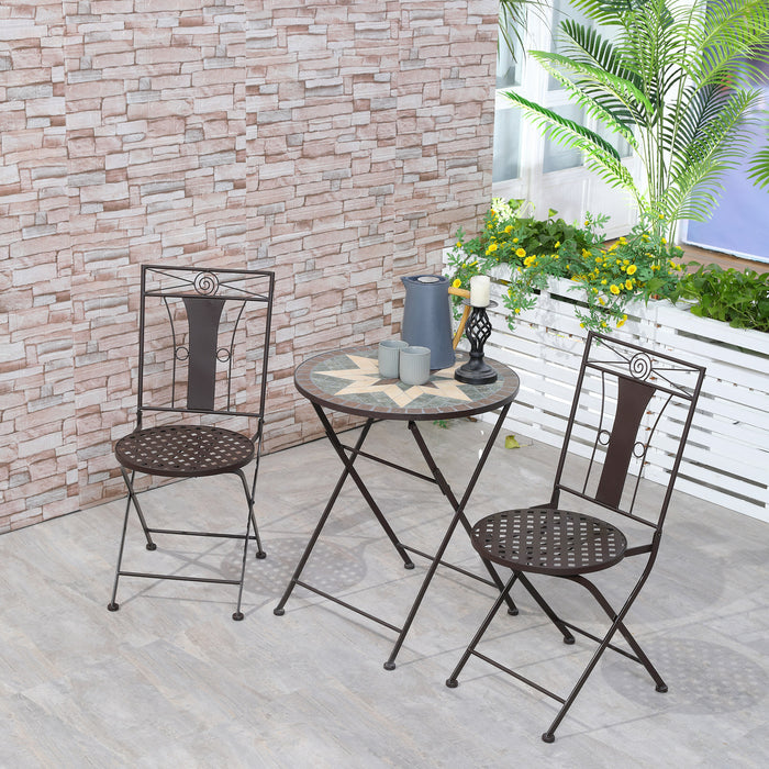 3-Piece Patio Bistro Set - Mosaic Tabletop, Foldable Armless Chairs, Metal Frame - Ideal for Garden & Poolside Coffee Breaks