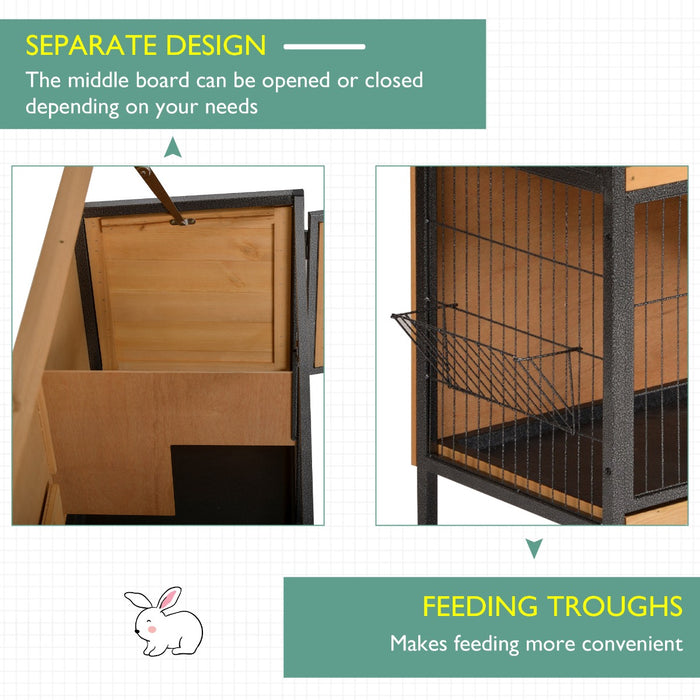 2-Floor Wooden Guinea Pig Hutch with Metal Frame - Bunny Cage with Slide-Out Tray, Feeding Trough, Ramp & Lockable Door - Easy Access Openable Roof for Small Pet Comfort & Security