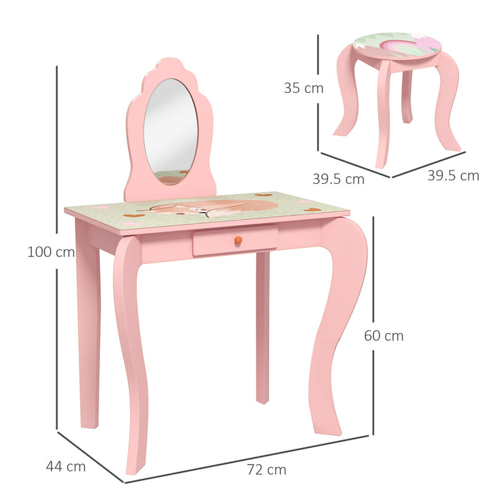 Kids' Dressing Table with Stool & Mirror - Pink Girls' Vanity Makeup Desk with Storage Drawer and Cute Animal Design - Perfect for Children Ages 3-6 Years