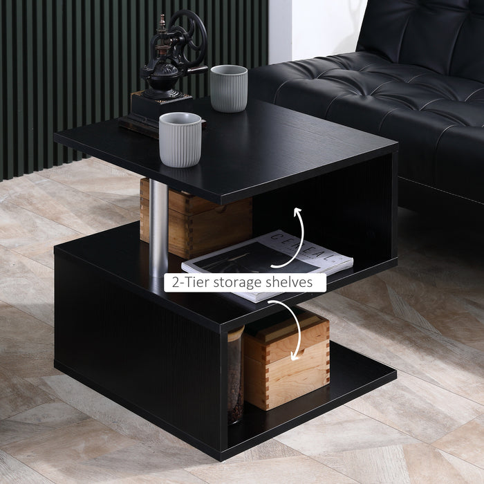 2-Tier S-Shaped Coffee End Table - Versatile Storage Shelves Organizer for Home Office - Ideal for Compact Spaces, Black Finish