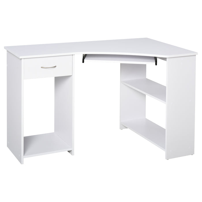 L-Shaped Desk with Keyboard Tray and CPU Stand - White Corner Computer Desk with 2 Shelves & Drawer for Work and Study - Ideal for Home Office and Bedroom Use