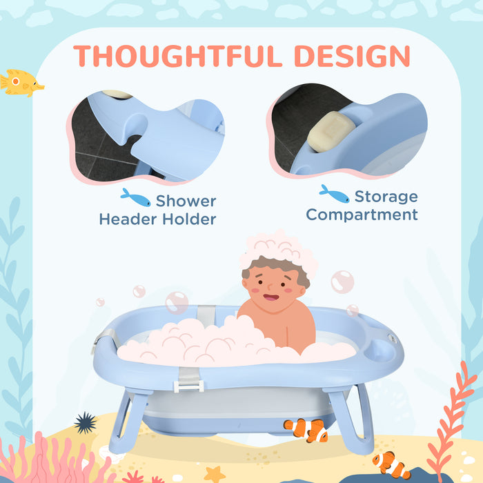 Foldable Baby Bath Tub with Safety Features - Non-Slip, Cushioned, Drain Plug, & Shower Holder - Ideal for Newborns to Toddlers up to 6 Years, Blue