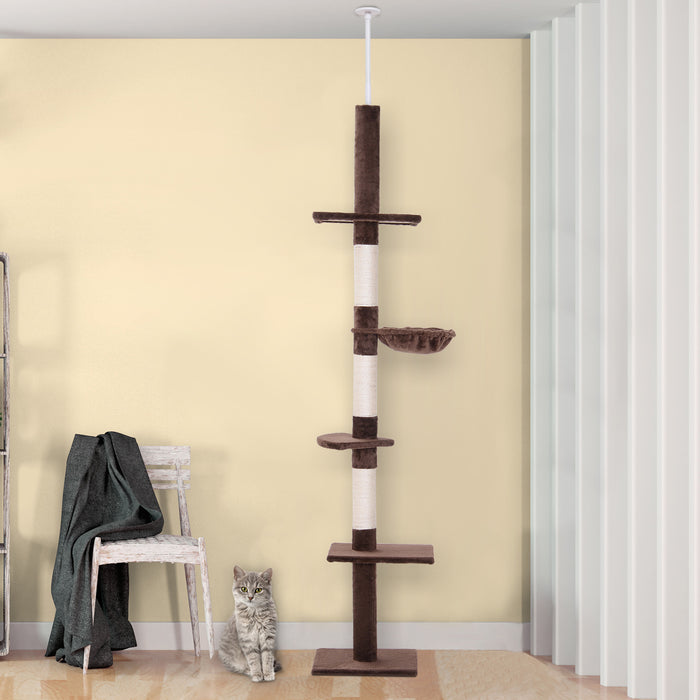 5-Tier Floor to Ceiling Cat Tree - Tall Climbing Activity Center with Scratching Post, Adjustable 230-260cm - Ideal for Playful Cats and Kittens