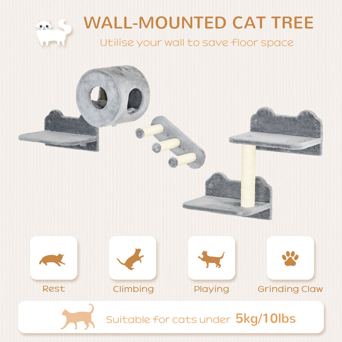 4PCs Modular Cat Wall Tree - Wall-Mountable Platforms, Steps, Scratching Post, and Perch in Grey - Space-Saving Condo for Indoor Cats