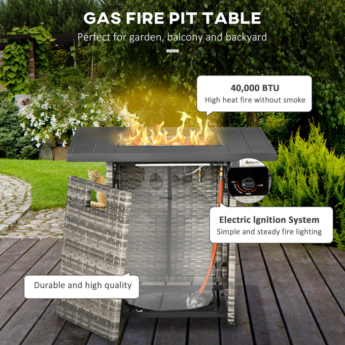 Outdoor PE Rattan Gas Fire Pit Table - Patio Square Propane Heater with Rain Cover, Mesh Lid, Lava Stone, 40,000 BTU - Perfect for Cozy Evenings & Entertaining Guests