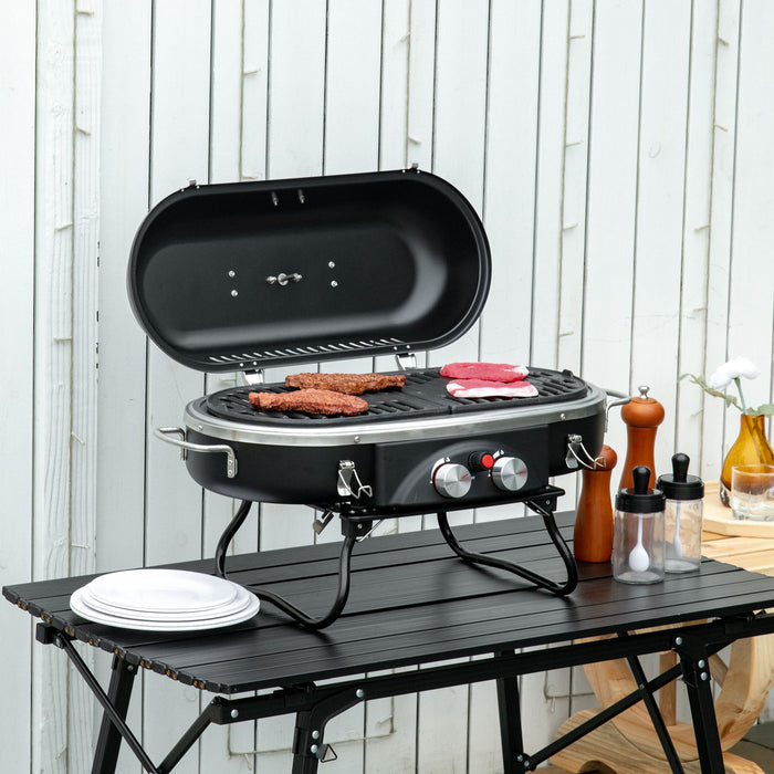 Portable Foldable Gas BBQ Grill with 2 Burners and Lid - Compact Tabletop Barbecue with Piezo Ignition and Built-In Thermometer - Ideal for Camping, Picnics, and Outdoor Cooking