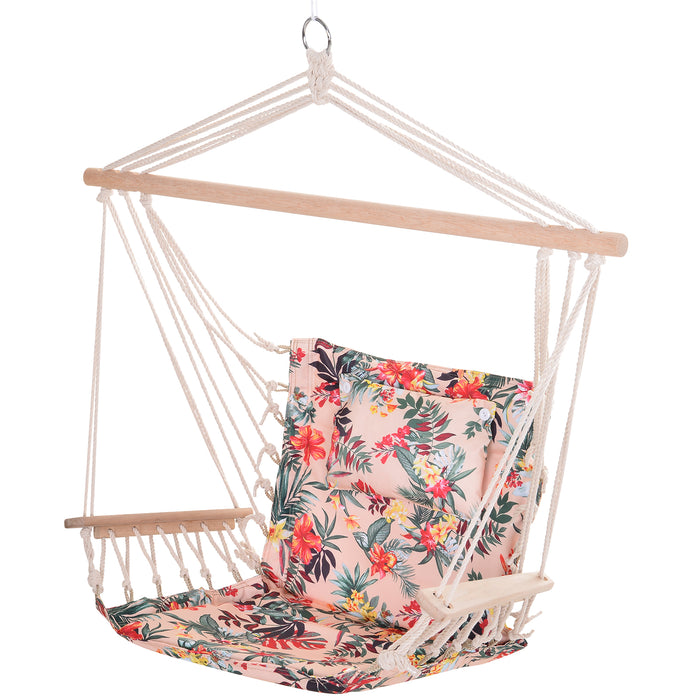 Hanging Hammock Chair with Thick Rope and Wooden Arms - Safe, Wide Seat with Stylish Multicoloured Floral Design for Outdoor Gardens - Comfortable Lounging for Your Personal Relaxation Spot