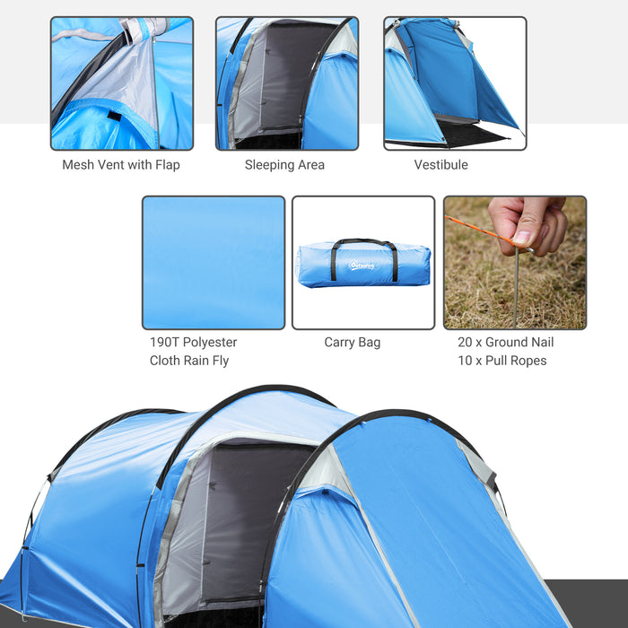 2-3 Person Tunnel Tent with Vestibule - Air Ventilated Camping Shelter with Porch and Rainfly - Ideal for Fishing, Hiking, and Festivals Weather-Resistant in Blue