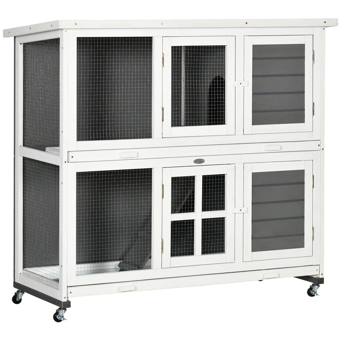 Wooden Rabbit Hutch on Wheels - Spacious Guinea Pig Cage with Slide-out Trays for Easy Cleaning - Ideal Small Animal House for Indoor & Outdoor Use, 119x50.5x109cm, Grey