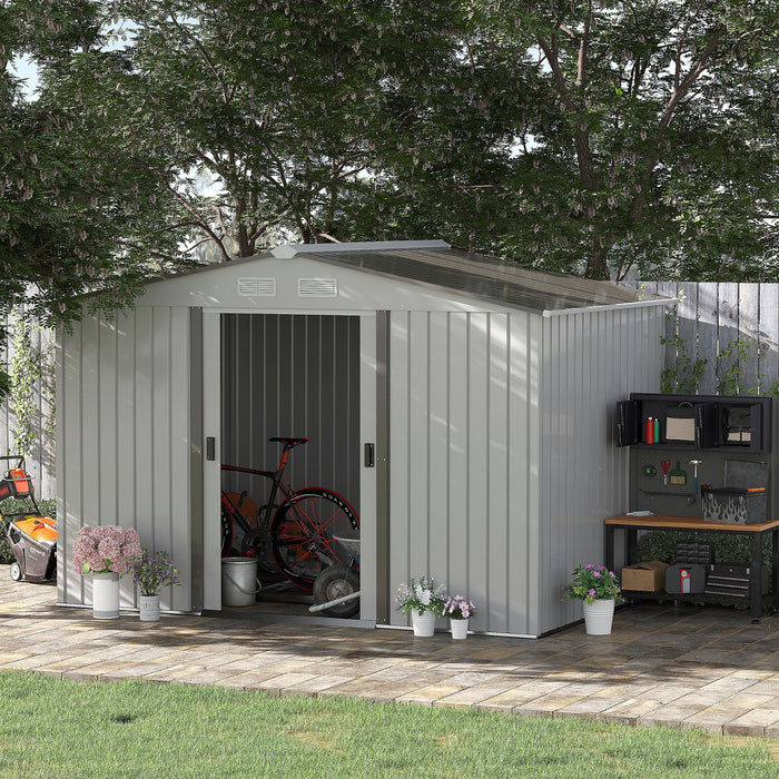 9x6FT Metal Garden Storage Shed - Outdoor Unit with Floor Foundation, Ventilation, and Doors - Spacious Grey Solution for Tools and Equipment Storage