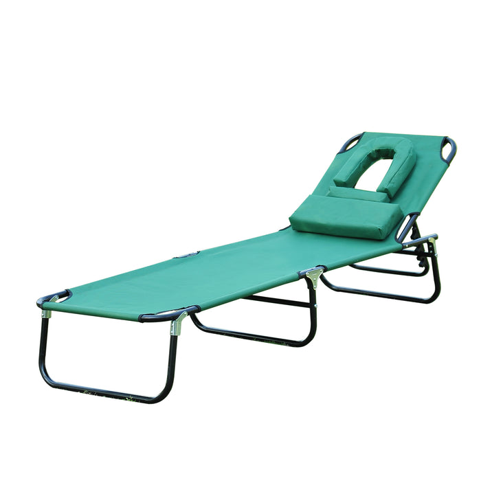 Foldable Sun Lounger with Adjustable Backrest - Comfortable Reclining Chair with Pillow & Reading Hole for Outdoors - Ideal for Garden, Beach Relaxation in Dark Green