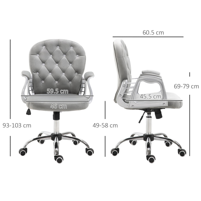 Ergonomic 360° Swivel Office Chair - Diamond Tufted Velour with Padded Base & 5 Castor Wheels - Comfortable Seating for Home Office Workers in Grey