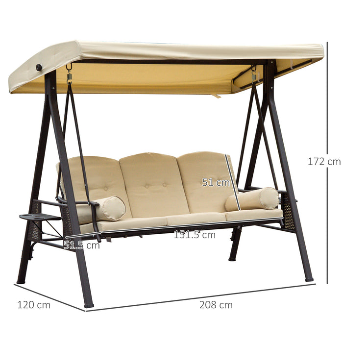 Garden 3-Seater Steel Swing Chair with Canopy - Hammock-Style Outdoor Bench with Cushion Shelter - Comfortable Beige Patio Furniture for Relaxation