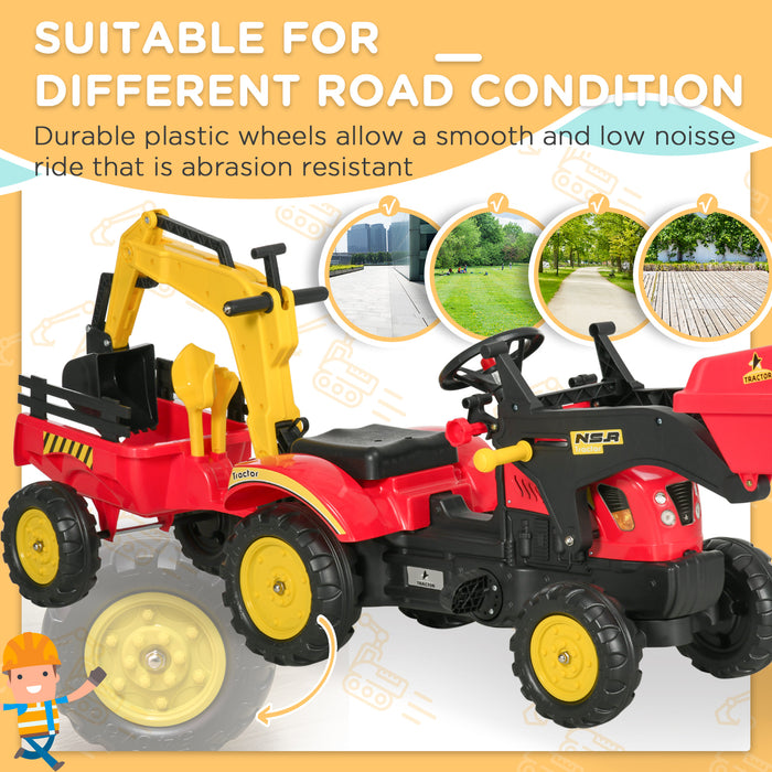 Kids Controllable Excavator - Durable Plastic Pedal-Powered Ride-On Truck in Red and Yellow - Perfect for Budding Construction Enthusiasts