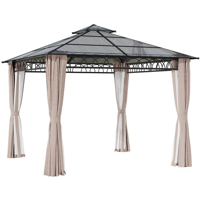 Outdoor Polycarbonate Gazebo 3x3m - Double Roof Hardtop with Galvanized Steel Frame - Includes Nettings & Curtains for All-Weather Protection