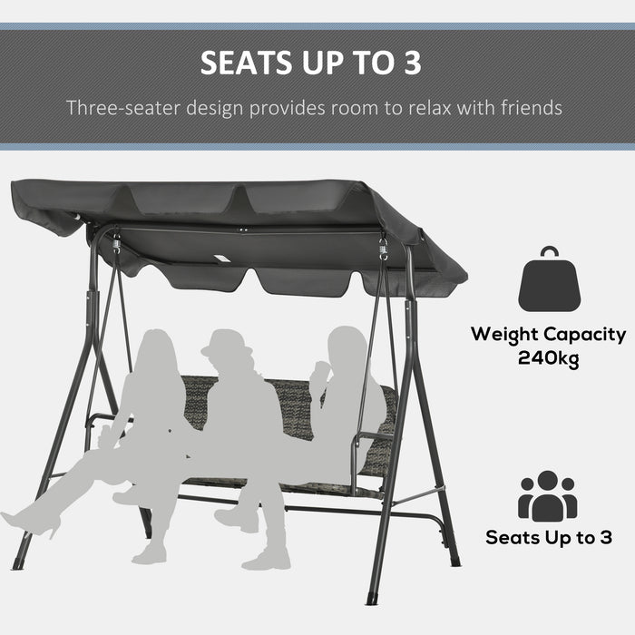 3-Person PE Rattan Swing Chair - Patio Wicker Hanging Bench with Sturdy Steel Frame and Adjustable Grey Canopy - Outdoor Comfort for Family and Friends