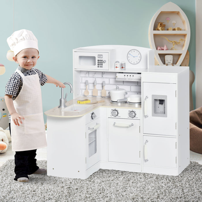 Kids Wooden Play Kitchen Set - Includes Drinking Fountain, Microwave, Oven, and Refrigerator - Interactive Pretend Cooking for Children