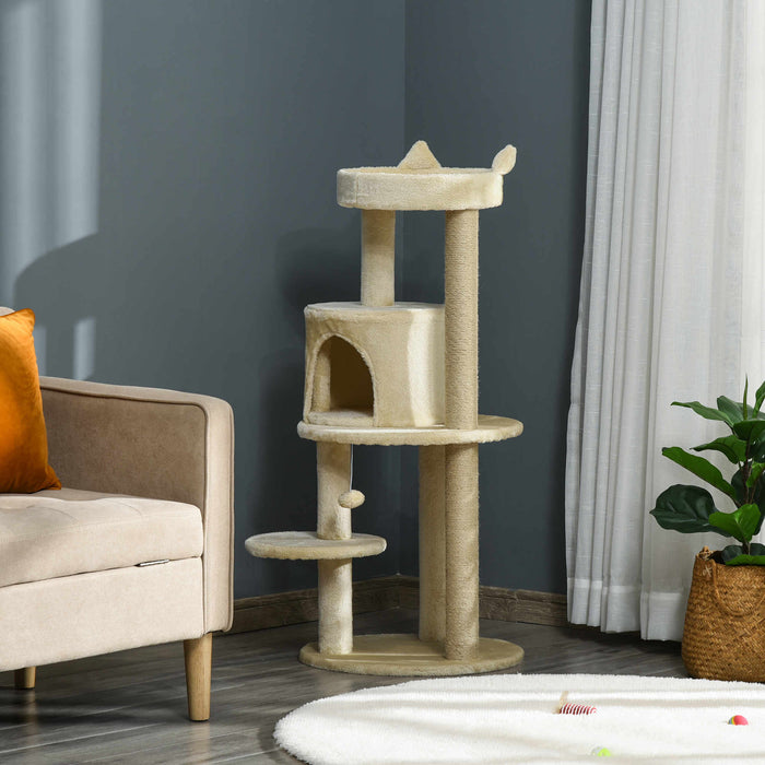 Sisal-Covered Cat Tree Tower - Beige Scratching Post and Activity Center, 48x48x104cm - Ideal for Active Cats and Scratch Training