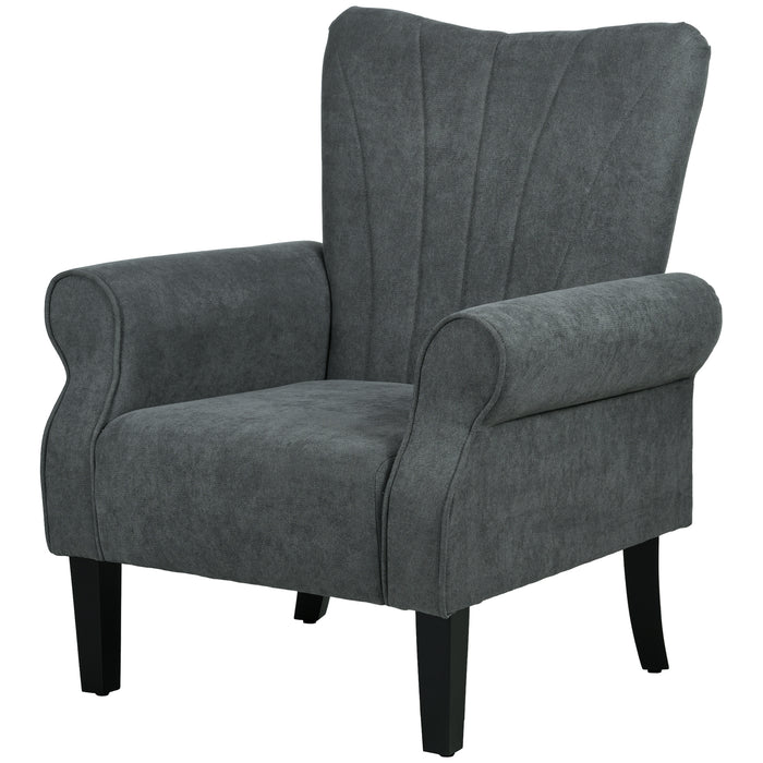 Upholstered High-Back Accent Chair - Rolled Arms, Thick Padding, Wooden Legs in Grey - Comfortable Seating for Living Room or Office