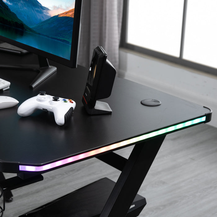 Ergonomic Racing-Style Gaming Desk - Sturdy Home Office Computer Workstation with RGB LED Lights - Ideal for Gamers and Streamers