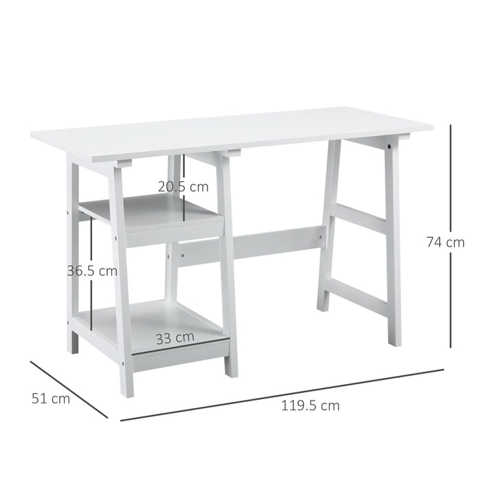 Compact White Computer Desk - Space-Saving Study Table with Storage Shelves and Bookshelf - Ideal PC Workstation for Home Office and Studying