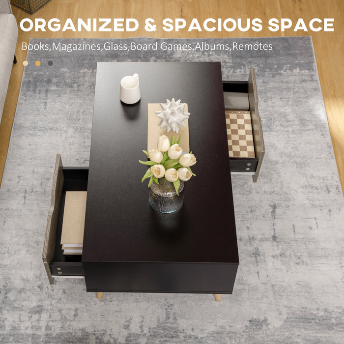 Modern Black Coffee Table with Storage - Open Shelves & Dual Drawers, Solid Wood Legs - Stylish Centerpiece for Living Room or Bedroom