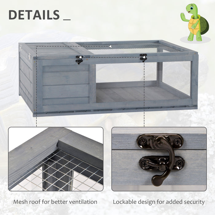 Small Pet Reptile Wooden Habitat - Tortoise House with Mesh Roof and Pull-out Side Panel - Ideal for Indoor and Outdoor Use, Grey