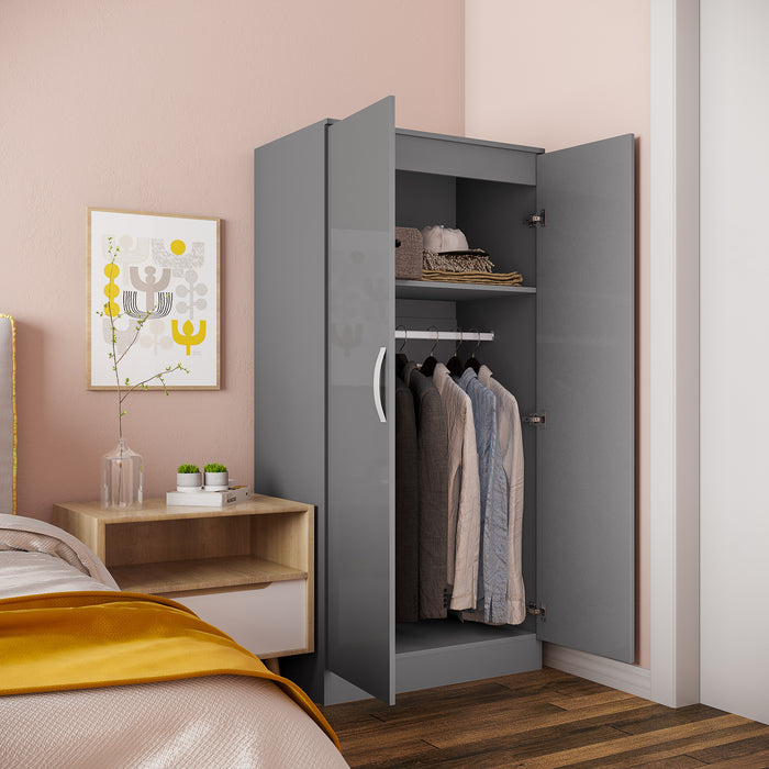 High Gloss Grey Wardrobe with Hanging Rod and Shelf - 2-Door Clothes Organizer with Anti-Tip Safety - Ideal Bedroom Storage Solution