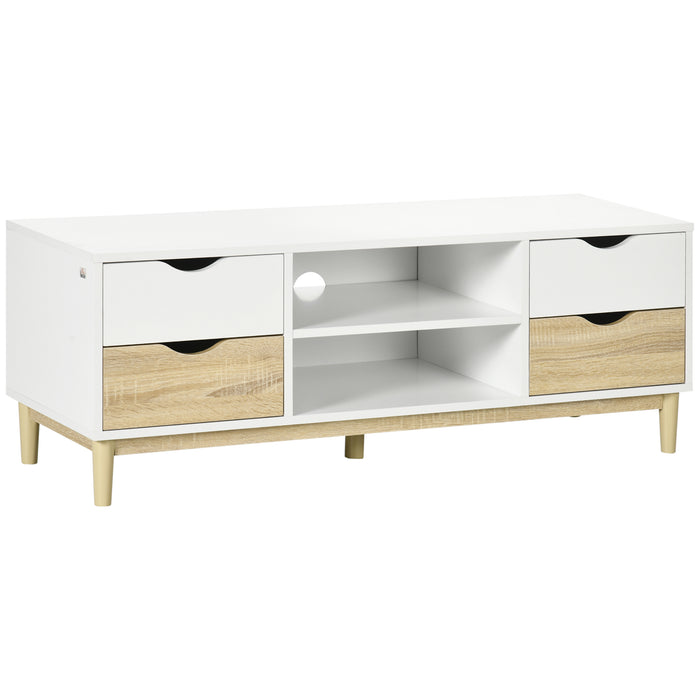 Modern TV Stand with Storage - Accommodates Up to 55" TVs, Shelves & Drawers, 120cm x 40cm x 44.5cm - Ideal for Organized Media Setup in White and Natural Finish