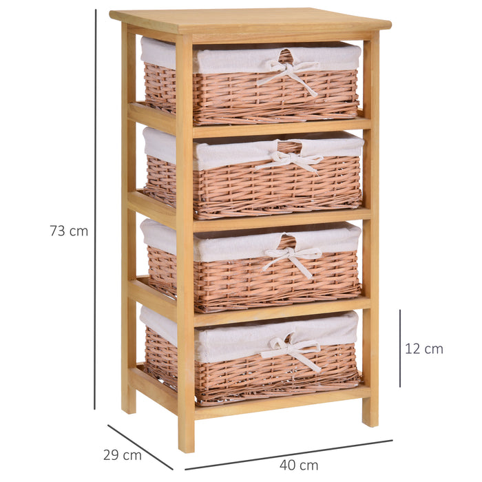 Wooden 4-Drawer Dresser with Wicker Baskets - Storage Shelf Unit for Home and Office Organization, Natural Finish, 73x40 cm - Ideal Cabinet for Bedroom Clutter Reduction