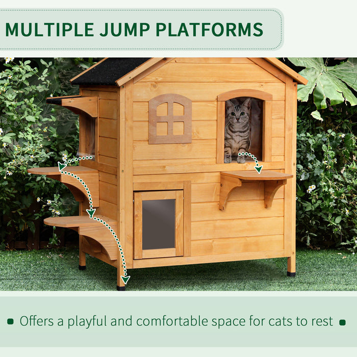 Cat Haven Wooden Cat House - 2-Level Condo & Cave Shelter for Pets - Outdoor Villa with Natural Wood Finish for Feline Comfort and Security