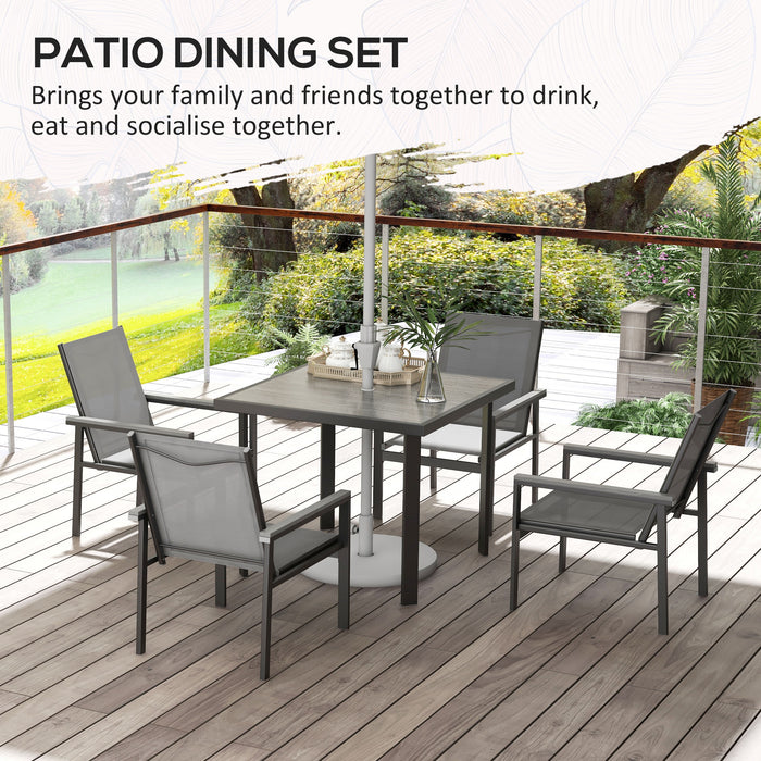 5-Piece Patio Dining Set with Glass-Top Table & Umbrella Hole - Outdoor Furniture with 4 Breathable Mesh Armchairs - Ideal for Garden Entertainment and Relaxation