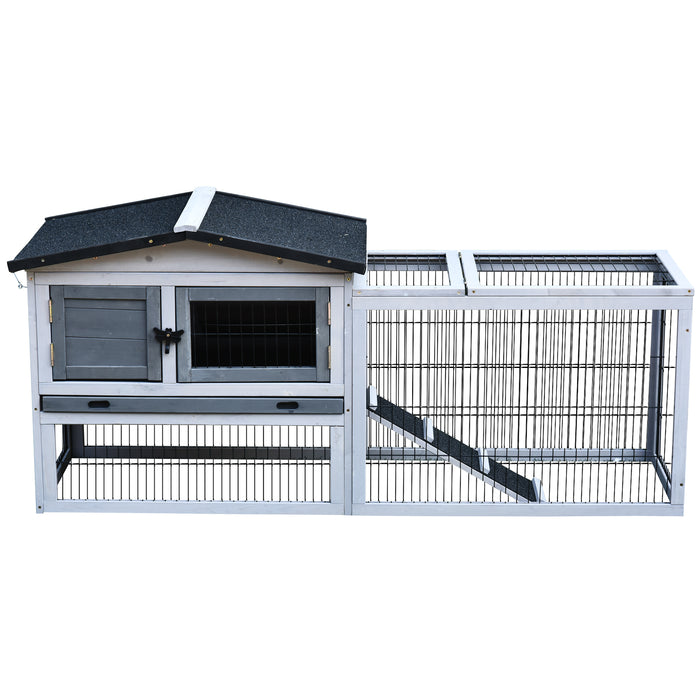Two-Level Fir Wood Small Animal Hutch - Burnt Grey with Ramp Access - Ideal for Rabbits & Guinea Pigs