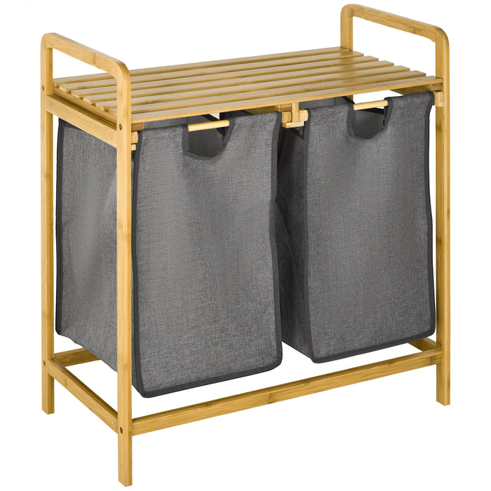 Bamboo Laundry Organizer with Shelf - Pull-Out Bags, Bedroom & Bathroom Hamper, 64x33x73cm - Space-Saving Solution for Laundry Management