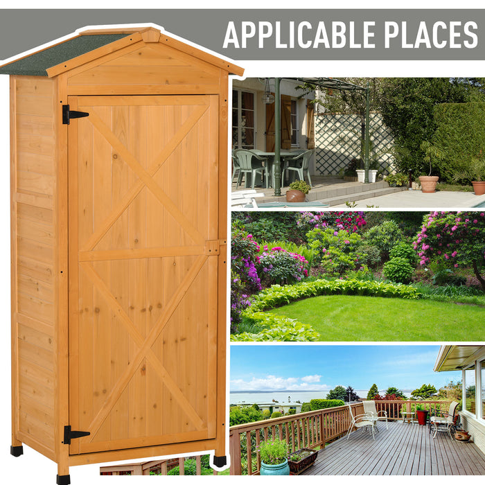 Wooden Garden Cabinet with 3-Tier Storage - Shed with 2 Shelves, Lockable Organizer, Hooks, Foot Pad, 74x55x155cm - Ideal for Outdoor Tool and Equipment Organization