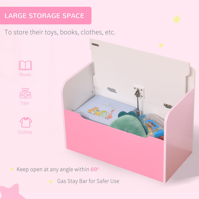 2-in-1 Wooden Toy Chest and Chair for Kids - Safety Hinge Lid with Gas Stay Bar, 60x30x50cm, Pink - Space-Saving Solution for Children's Room