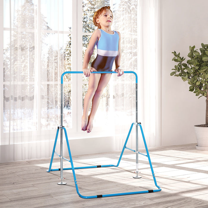 Kids' Gymnastics Training Bar - Foldable Horizontal Bars, Adjustable Height, Sturdy Triangle Base, Vibrant Blue - Perfect for Budding Gymnasts and Home Practice