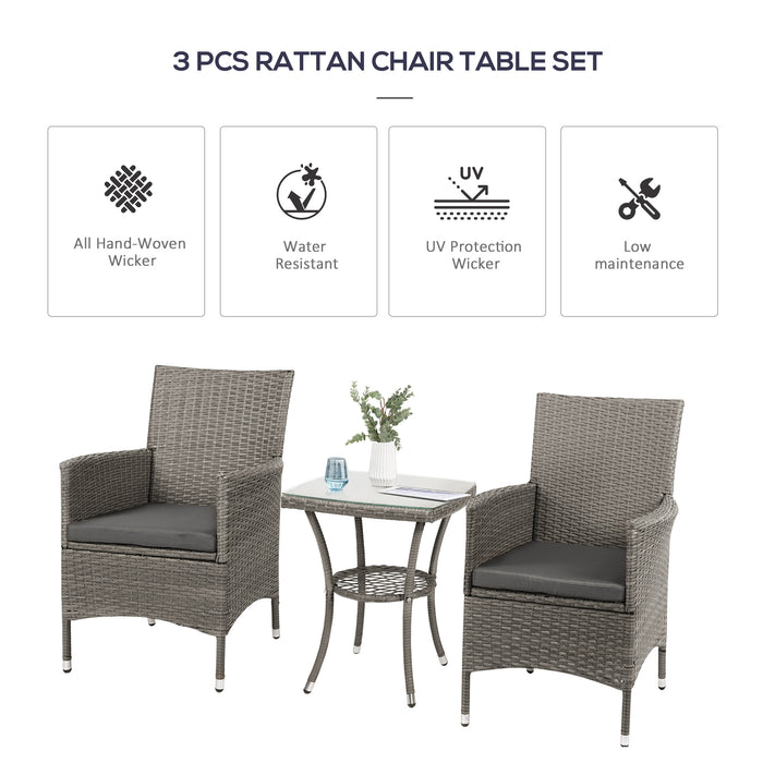 Three-Piece Rattan Bistro Set - Cushioned Wicker Weave Chairs with Matching Table for Gardens and Conservatories - Ideal for Outdoor Relaxation and Dining