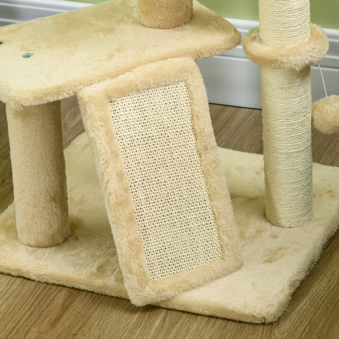 Deluxe Beige Cat Condo - Multilevel Scratching Post Tower with Cozy House, Cushioned Bed & Playful Toy Ball - Perfect Play & Rest Space for Felines