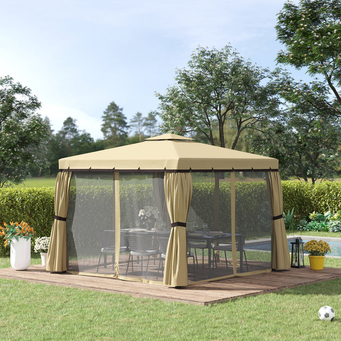 Aluminium Frame Garden Gazebo Pavilion - 3x3m Water-Resistant Double-Tier Roof with Mosquito Netting and Curtains in Beige - Ideal Outdoor Shelter for Events and Relaxation