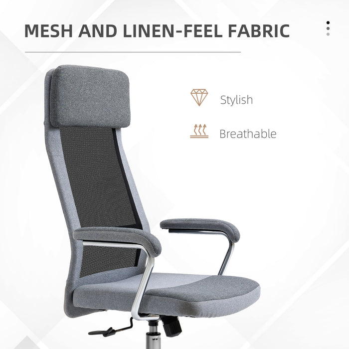 High-Back Linen-Feel Mesh Office Chair - Ergonomic Swivel Task Chair with Arms and Wheels - Comfortable Desk Seating for Home Office Use, Grey