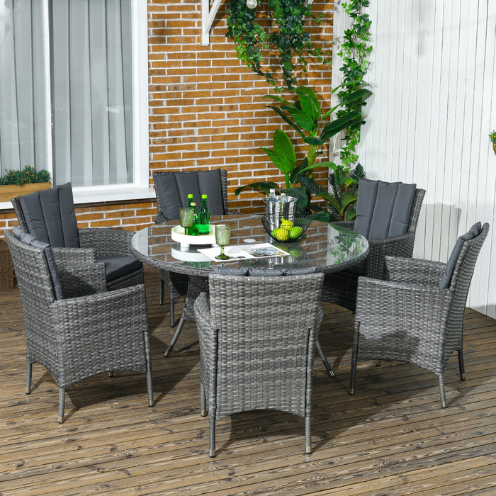 7-Piece PE Rattan Outdoor Dining Set - Cushioned Garden Furniture with Six Armchairs and Tempered Glass Tabletop - Ideal for Patio and Conservatory, Features Umbrella Hole, Mixed Grey