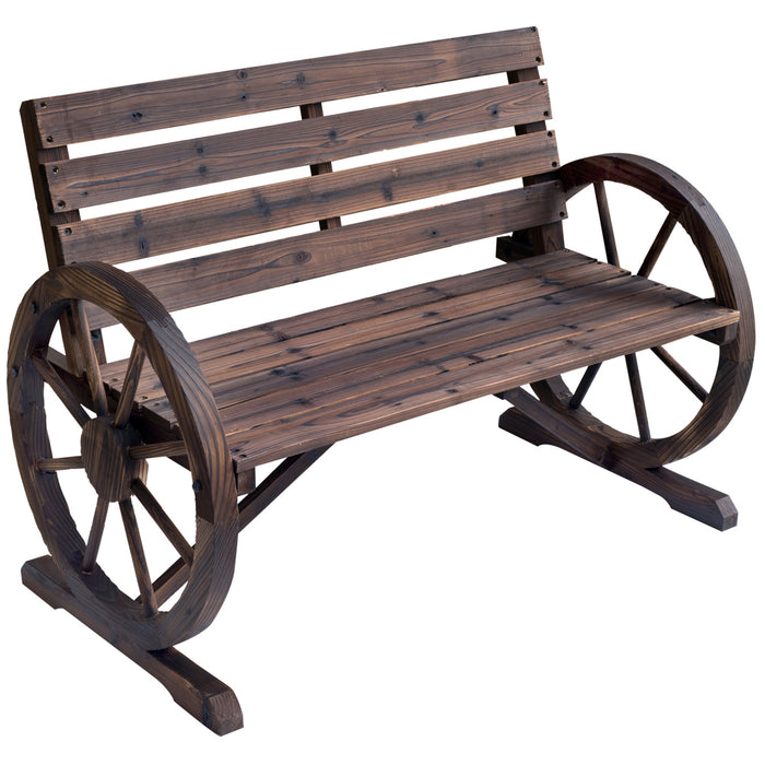 2-Seater Wooden Garden Bench with Rustic Wagon Wheel Design - High Back, Brown Outdoor Seating - Ideal for Patio Decor and Relaxation