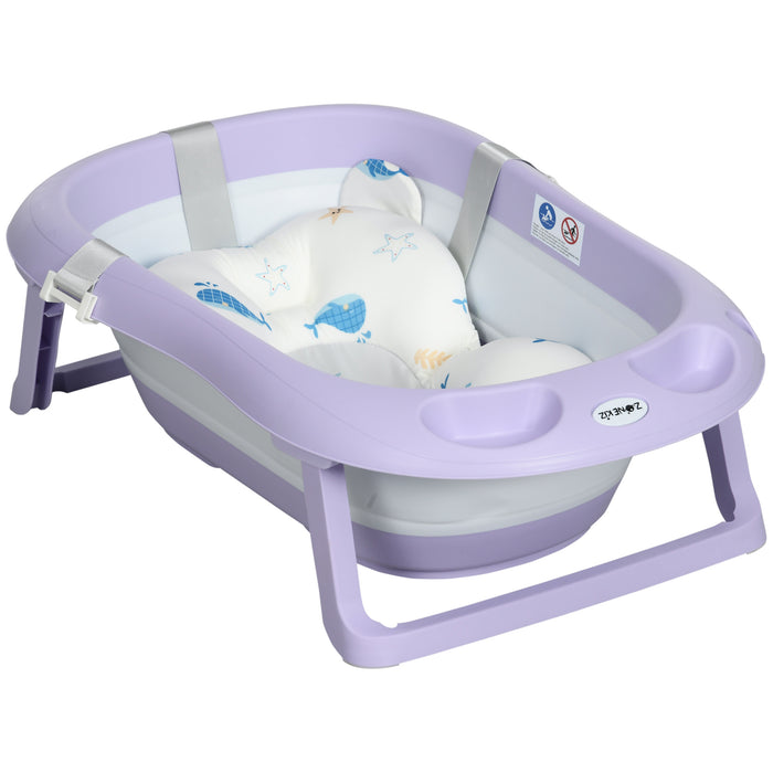 Foldable Infant to Toddler Bathtub - Non-Slip, Cushioned, with Drain & Shower Accessory - Easy Storage & Safe Bathing for 0-6 Years, Purple