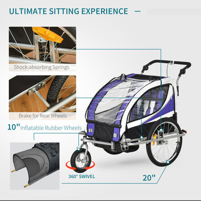 Kids Fun-Express Bike Trailer - 360° Rotatable Dual Child Bicycle Carrier with Durable Steel Frame & LED Lights, Purple - Ideal for Active Families & Outdoor Adventures