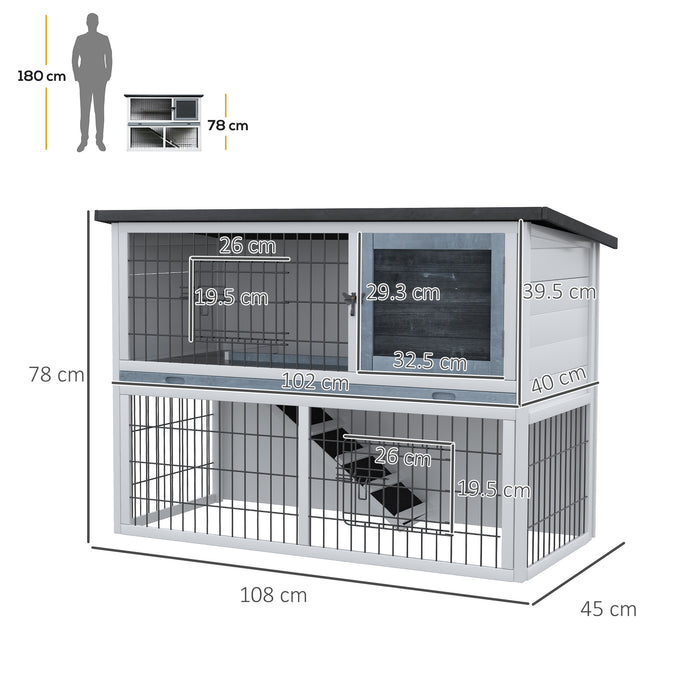 Two-Story Fir Wood Pet Hutch - Small Animal Enclosure with Sliding Tray, Grey Finish - Ideal Habitat for Rabbits & Guinea Pigs