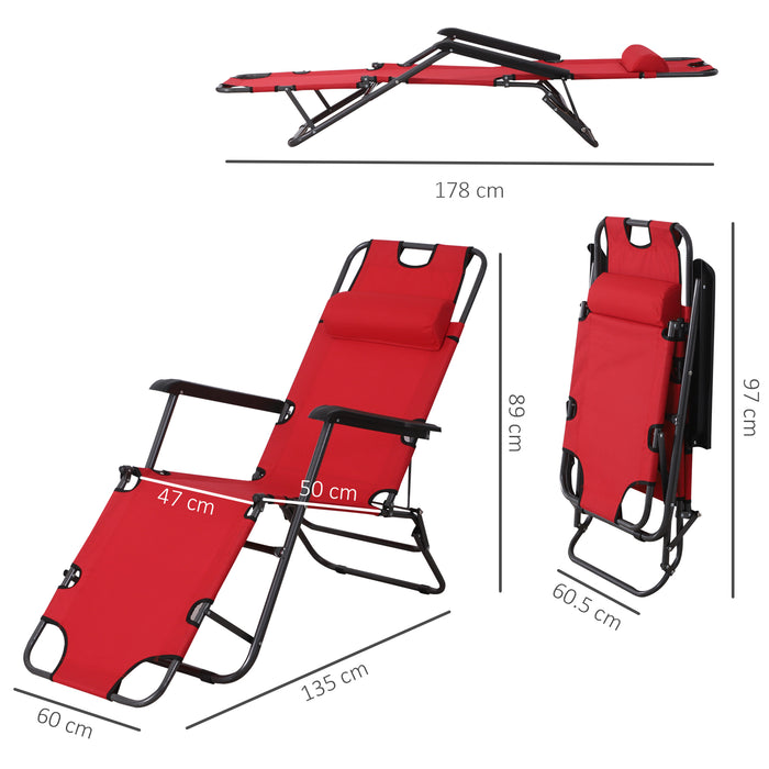 Folding Reclining Sun Lounger with Adjustable Back - 2-in-1 Comfortable Outdoor Chair for Garden and Camping - Includes Pillow, Perfect for Relaxation, Red