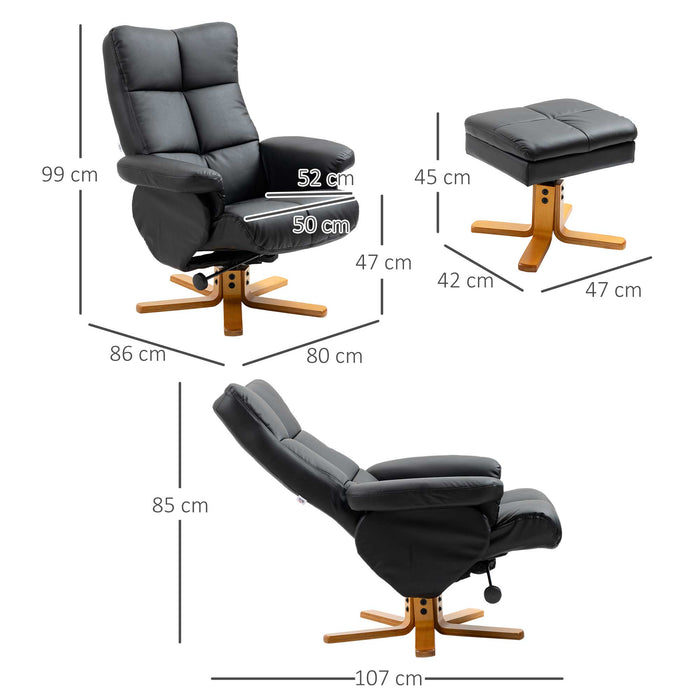 Luxurious Black Faux Leather Recliner Chair with Swivel Function - Comfy Footstool and Built-in Storage, Sturdy Wooden Base - Ideal for Relaxing and Enhancing Any Living Room Space